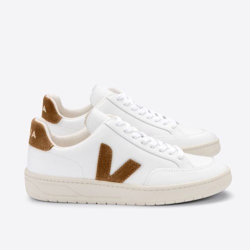 Veja V-12 Leather Mens Trainers White/Brown UK 66584